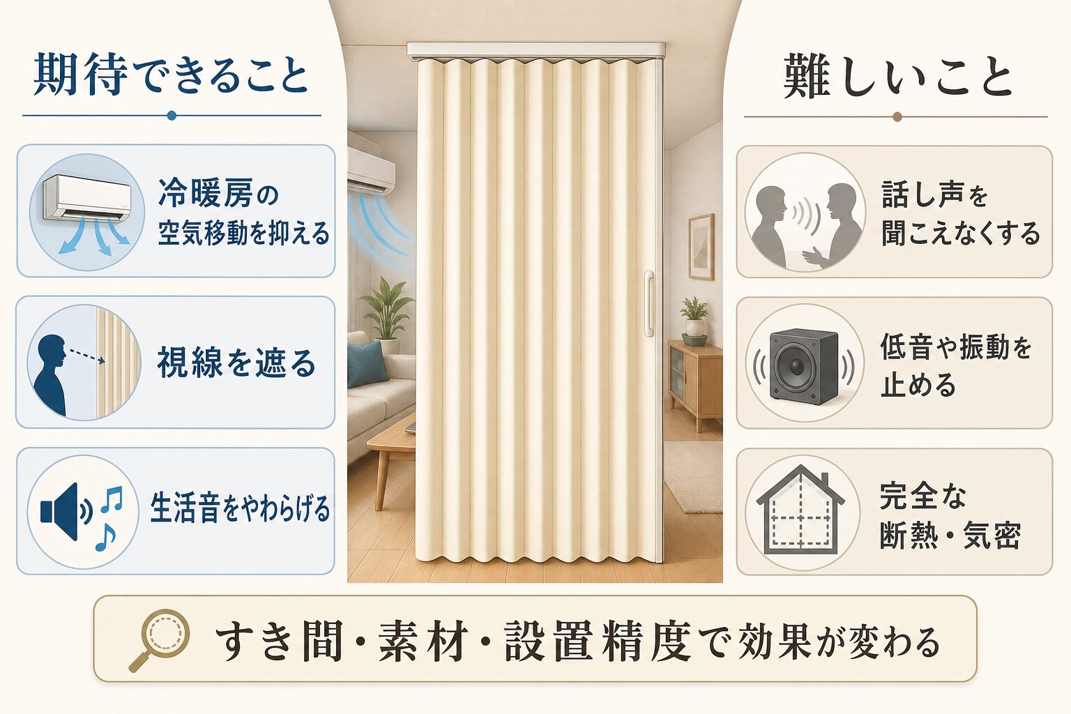 アコーディオンカーテンに期待できる効果と難しいことを比較した図解