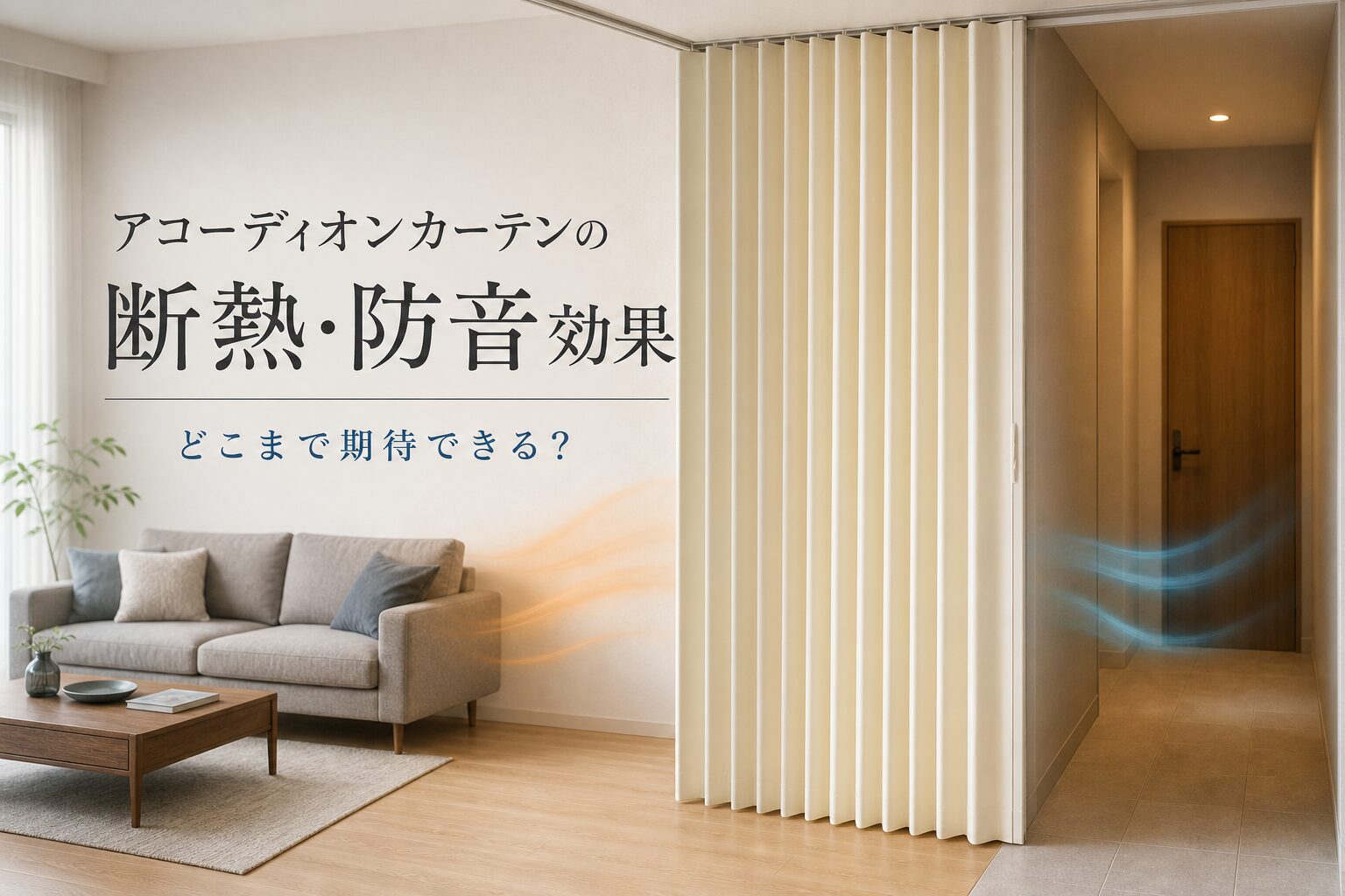 リビングと廊下を仕切るアコーディオンカーテンの断熱・防音効果イメージ