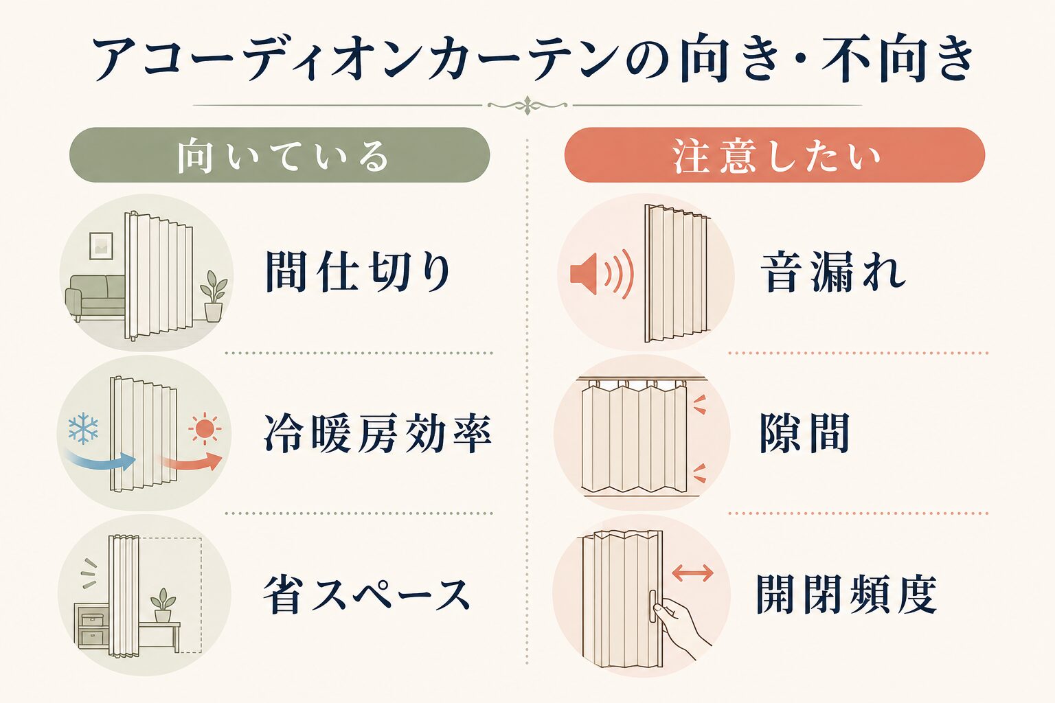 アコーディオンカーテンが向く用途と注意点の比較図