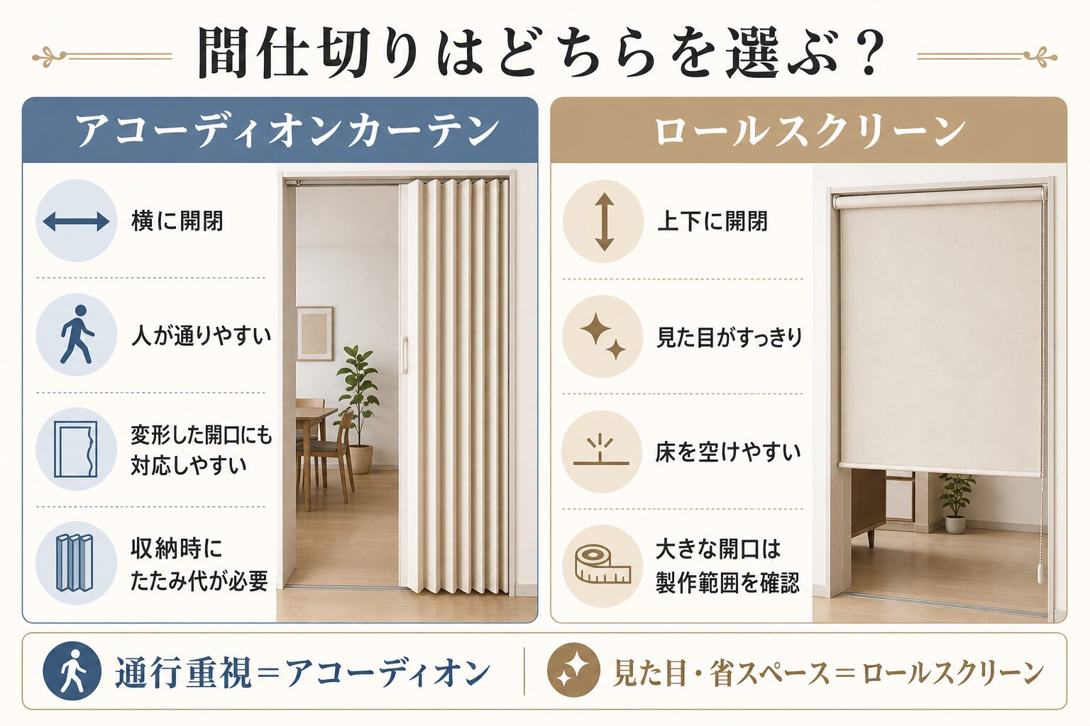 アコーディオンカーテンとロールスクリーンの違いを比較した図解