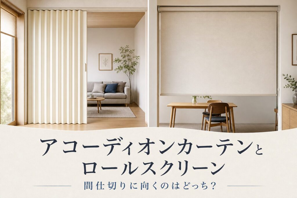 間仕切りとして使うアコーディオンカーテンとロールスクリーンの比較イメージ