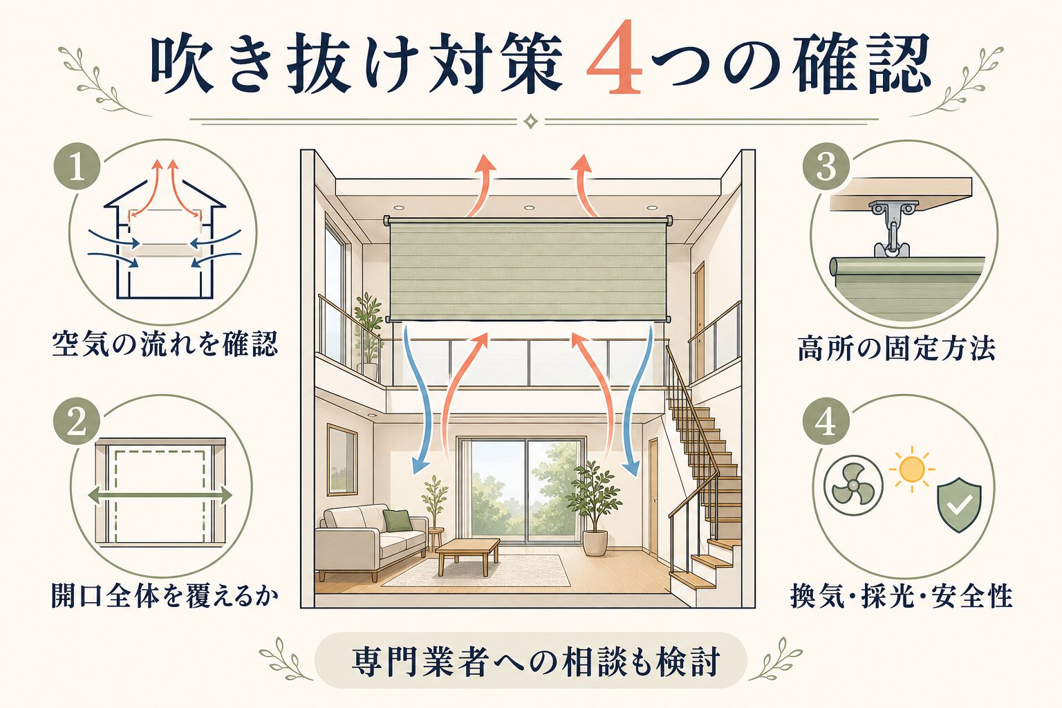 吹き抜けの間仕切りを検討する4つの確認事項を示す図解