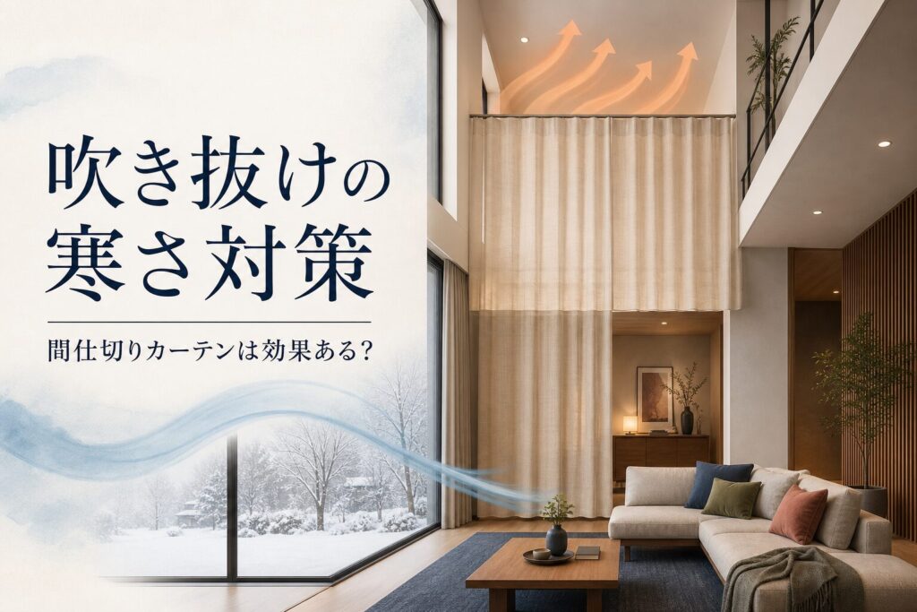 吹き抜けの寒さ対策として間仕切りカーテンを設置したリビングのイメージ