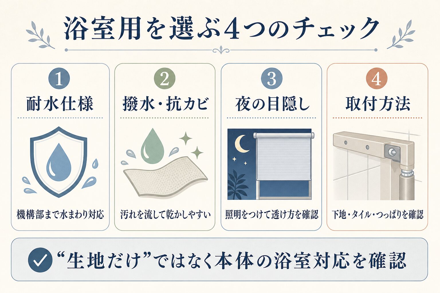 浴室用ロールスクリーンを選ぶ4つのチェックポイントの図解