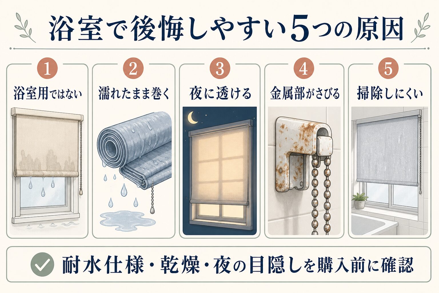 浴室でロールスクリーンを使って後悔しやすい5つの原因の図解
