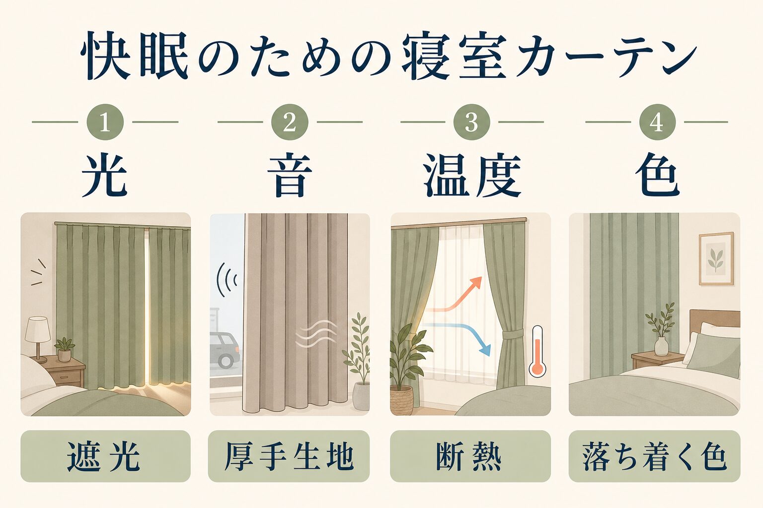 快眠のために寝室カーテンで確認したい光・音・温度・色の図解