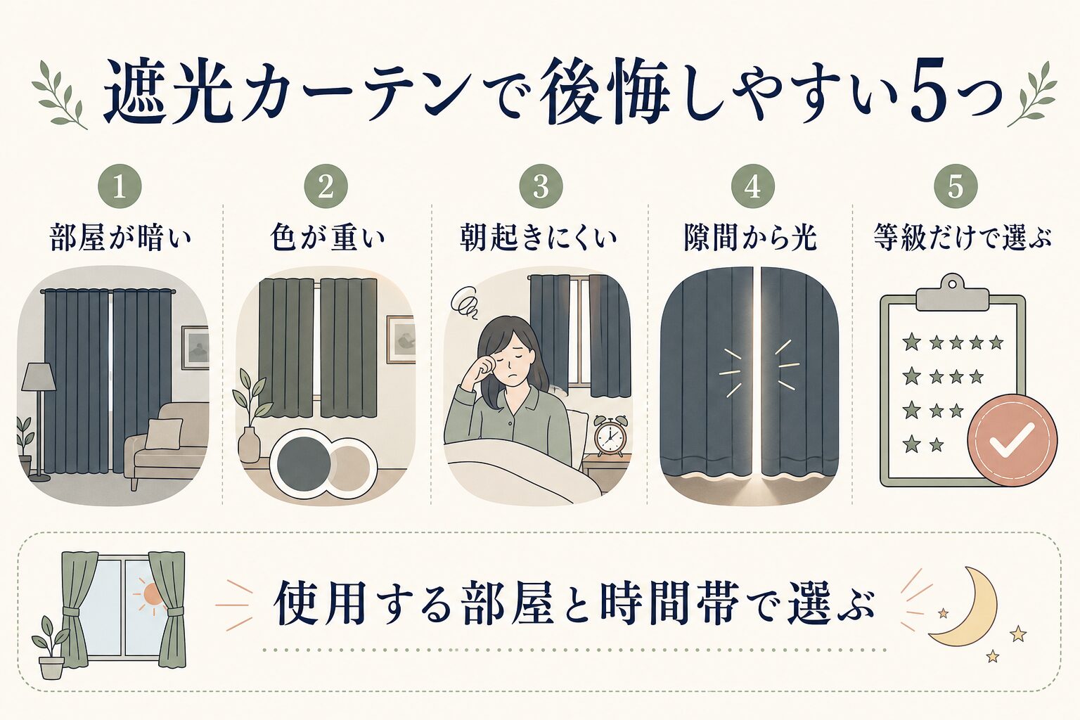 遮光カーテンで後悔しやすい5つの理由を示す図解