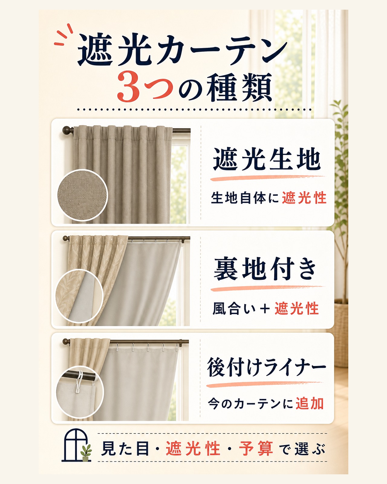 遮光生地・裏地付き・後付けライナーの3種類を比較した図解