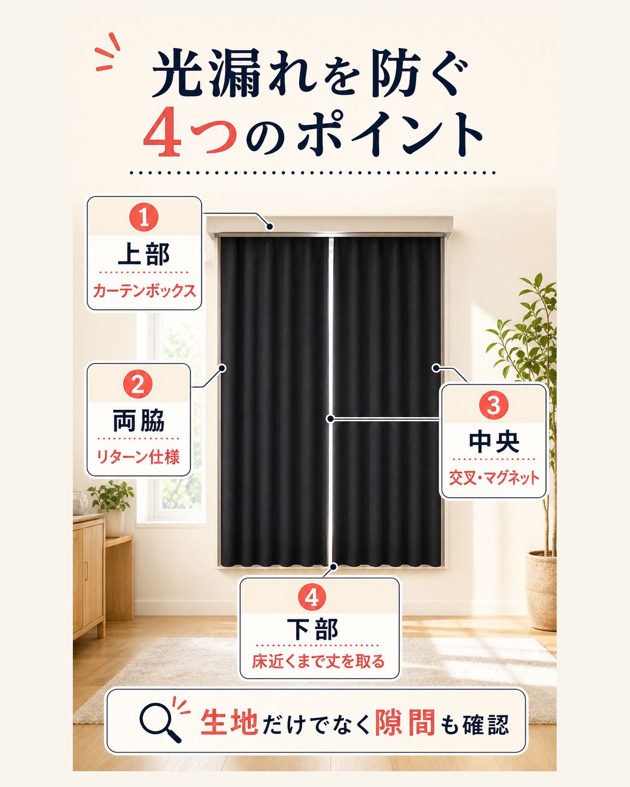 遮光カーテンの上部・両脇・中央・下部からの光漏れ対策を示した図解