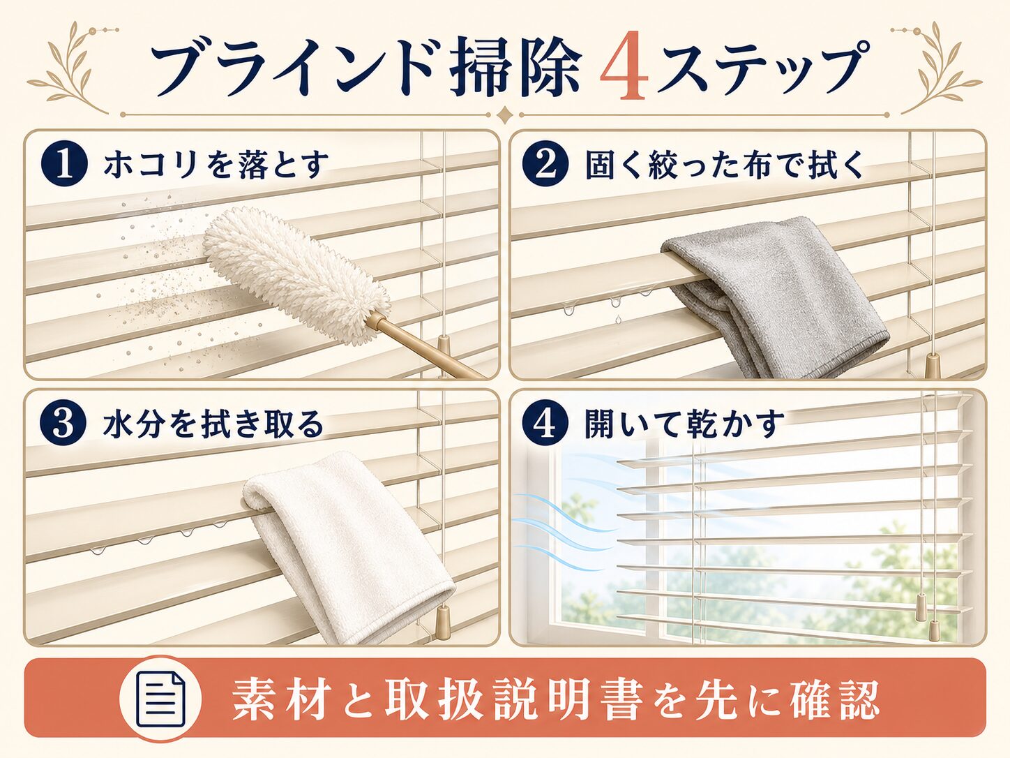 ブラインドを外さず掃除する4つの手順を示した図解