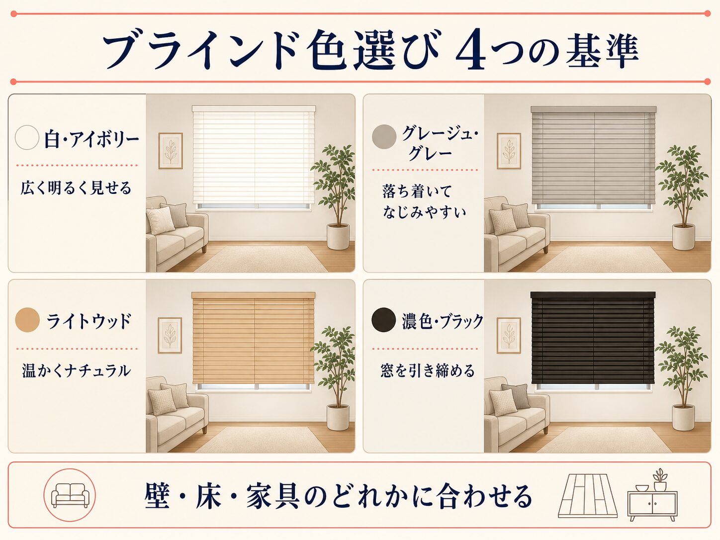 白・グレー・ライトウッド・濃色のブラインドを同じ部屋で比較した図解