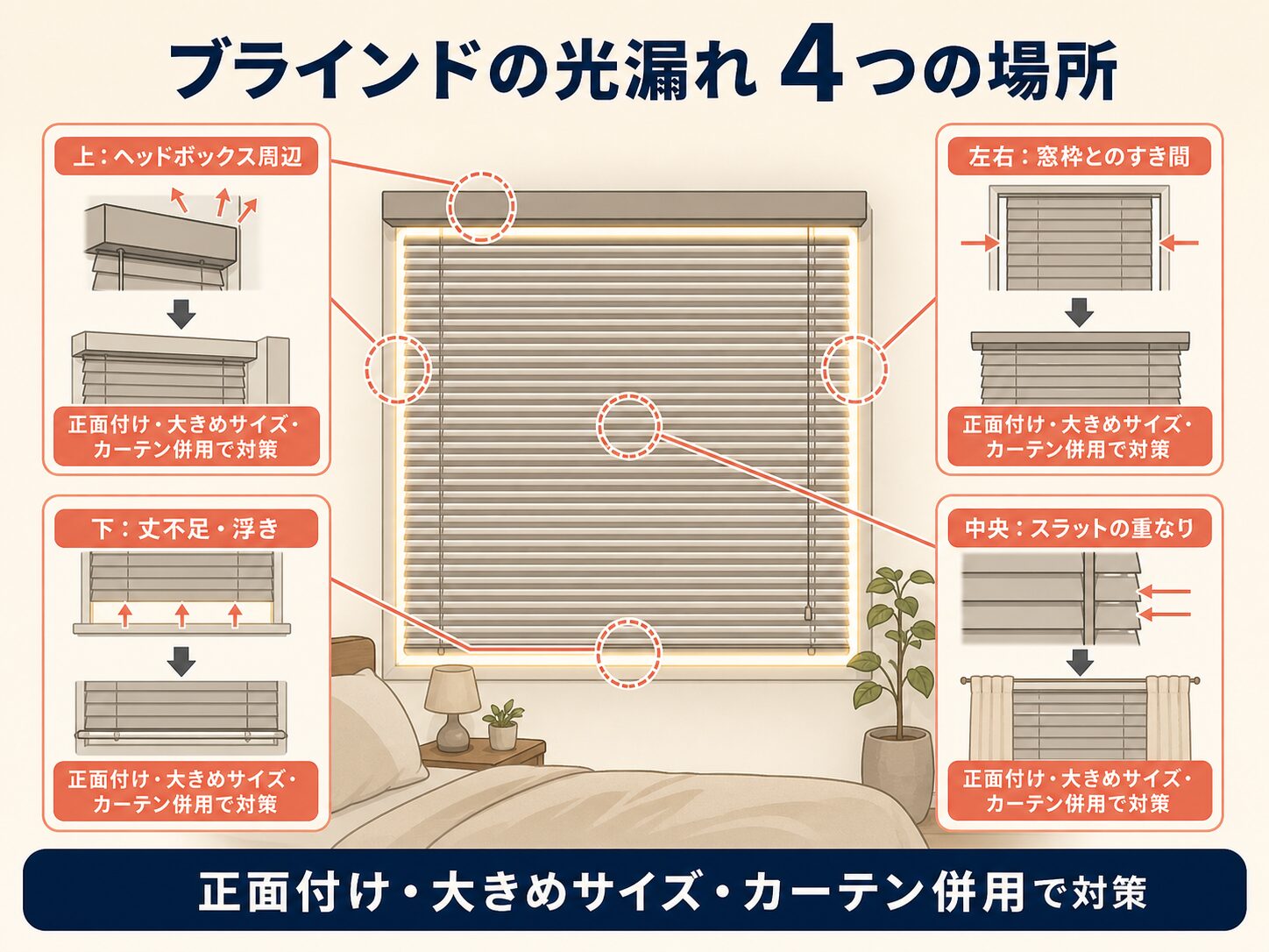 ブラインドの上・左右・下・スラット中央から光が漏れる原因と対策を示した図解