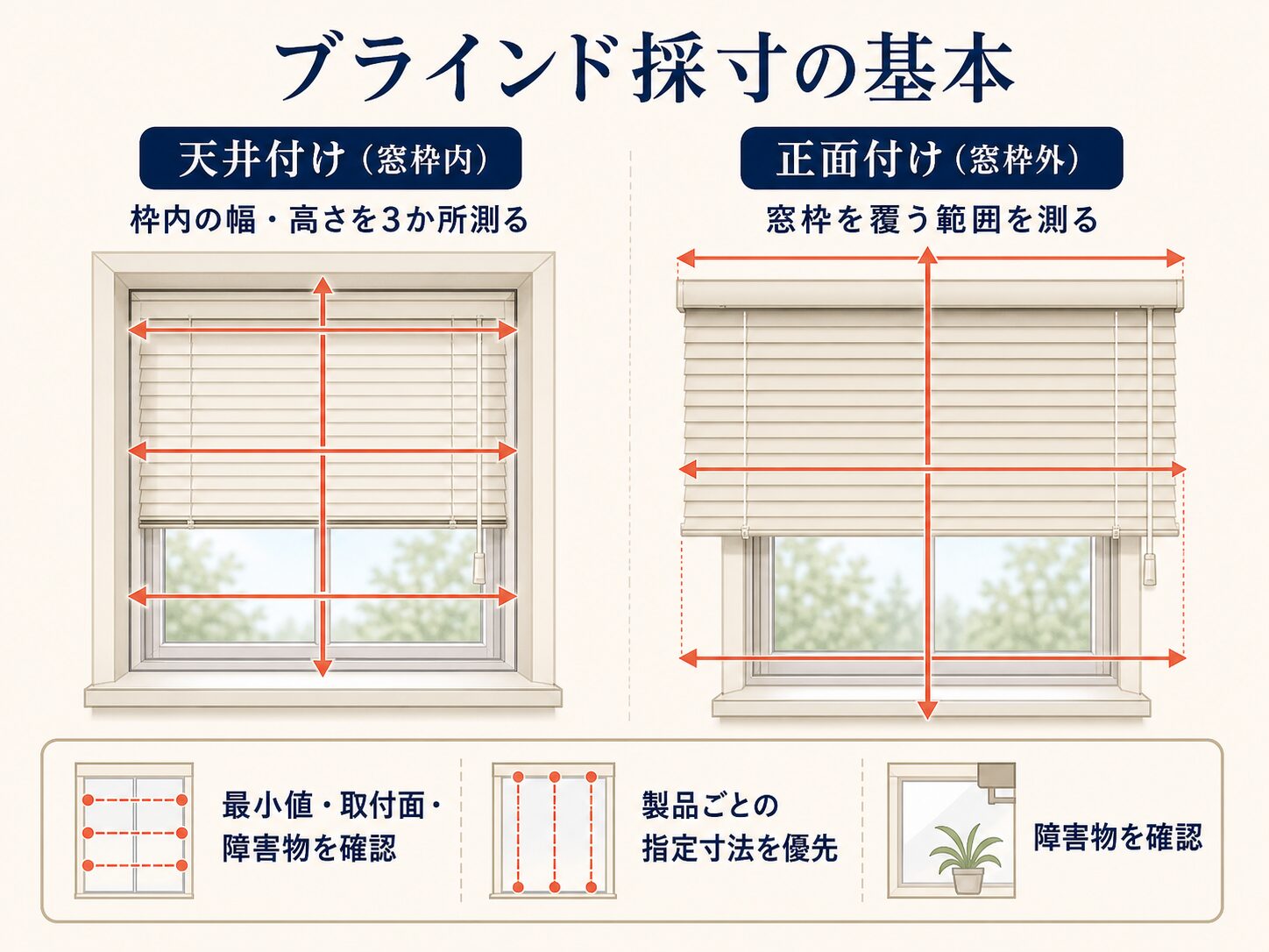 天井付けと正面付けにおけるブラインドの採寸範囲を比較した図解