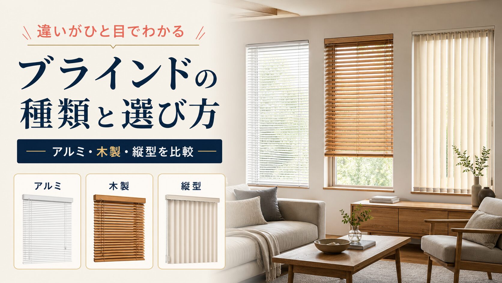 アルミ・木製・縦型を比較するブラインドの種類と選び方アイキャッチ画像