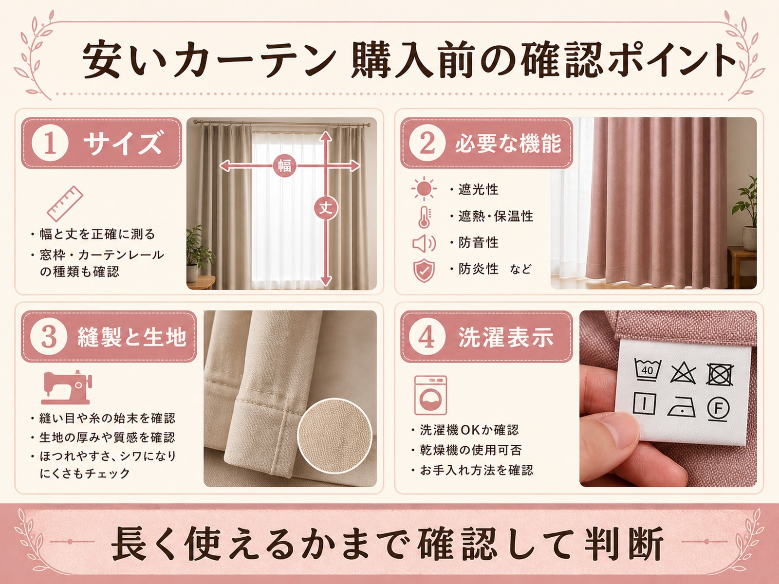 安いカーテンを購入する前の確認ポイントをまとめた図解