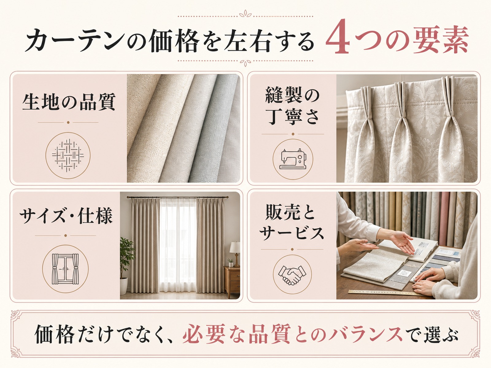カーテンの価格を左右する4つの要素を示した図解