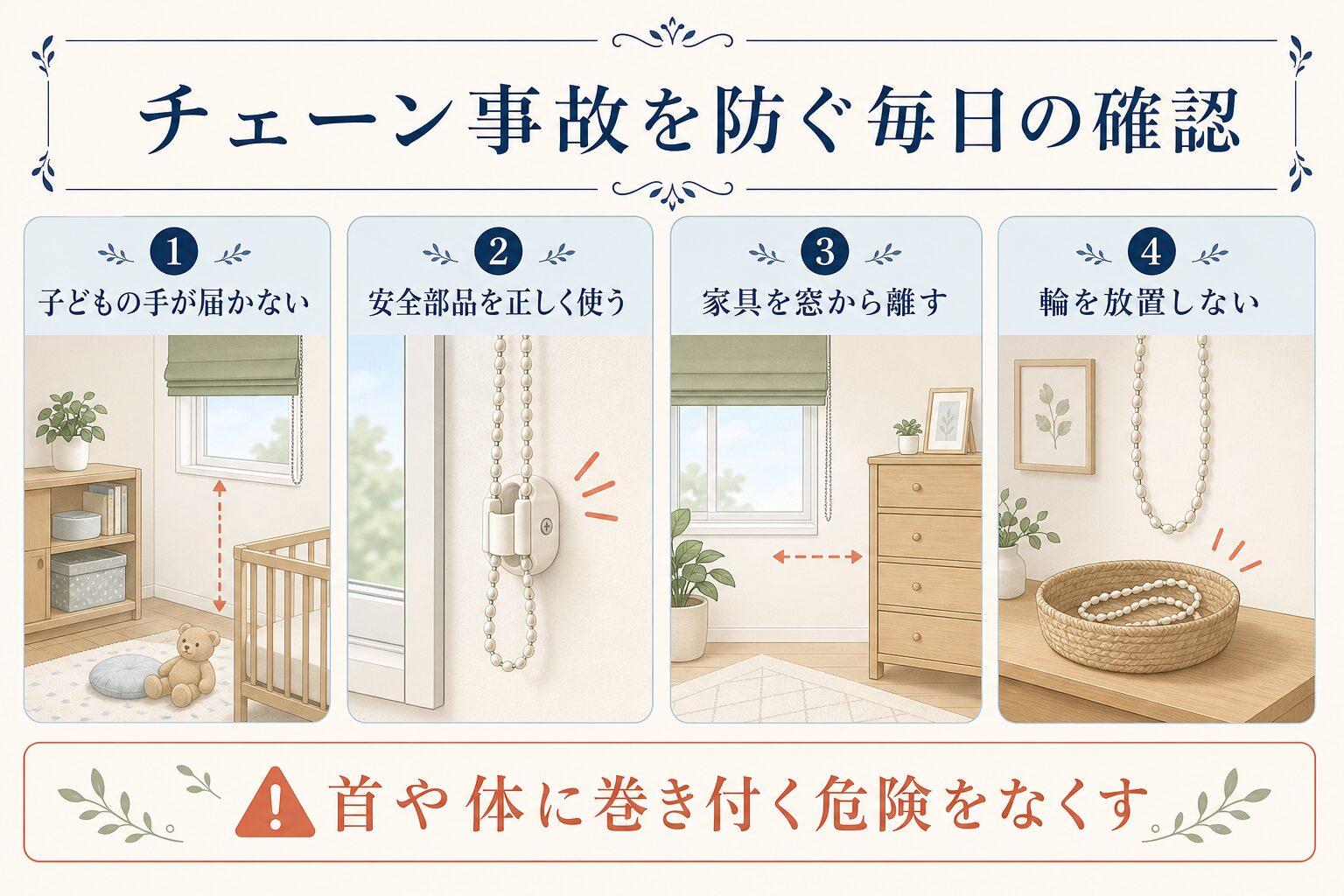 ロールスクリーンのチェーン事故を防ぐ毎日の確認項目の図解