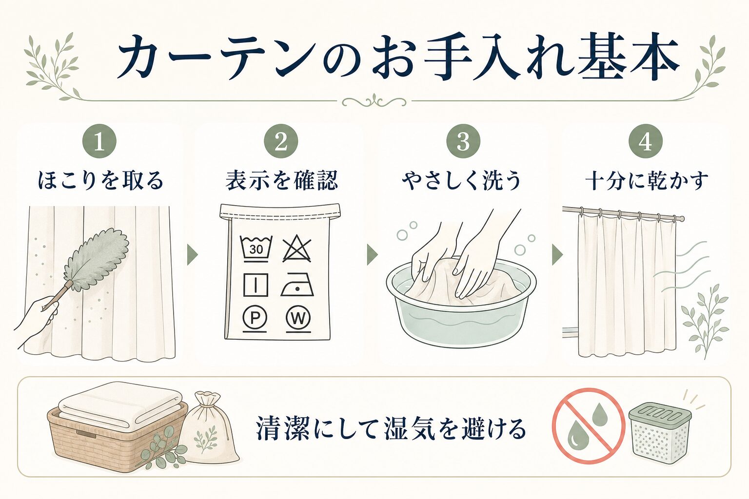 カーテンの掃除・洗濯・乾燥・保管の基本手順を示す図解