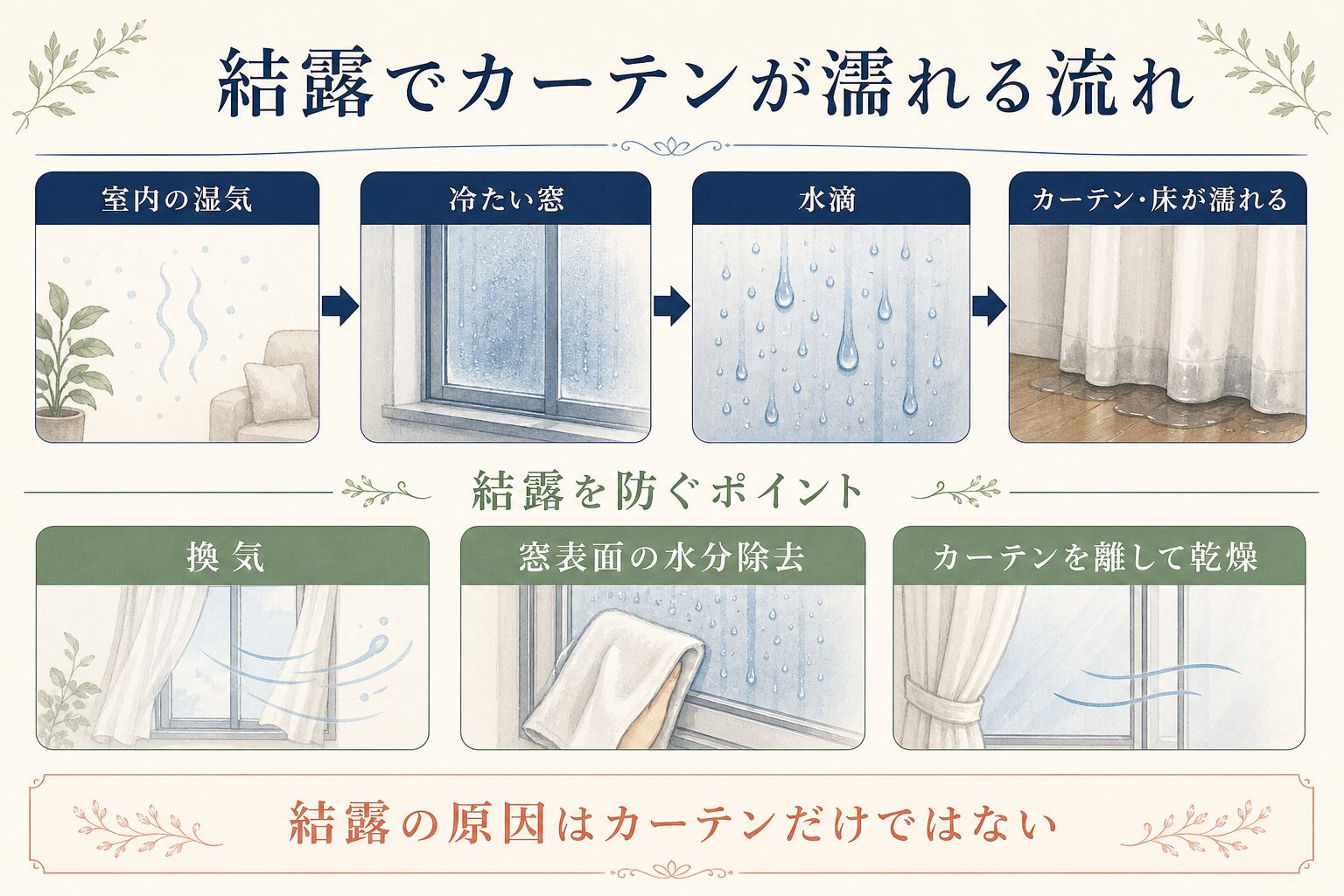 結露でカーテンと床が濡れる仕組みと予防策の図解