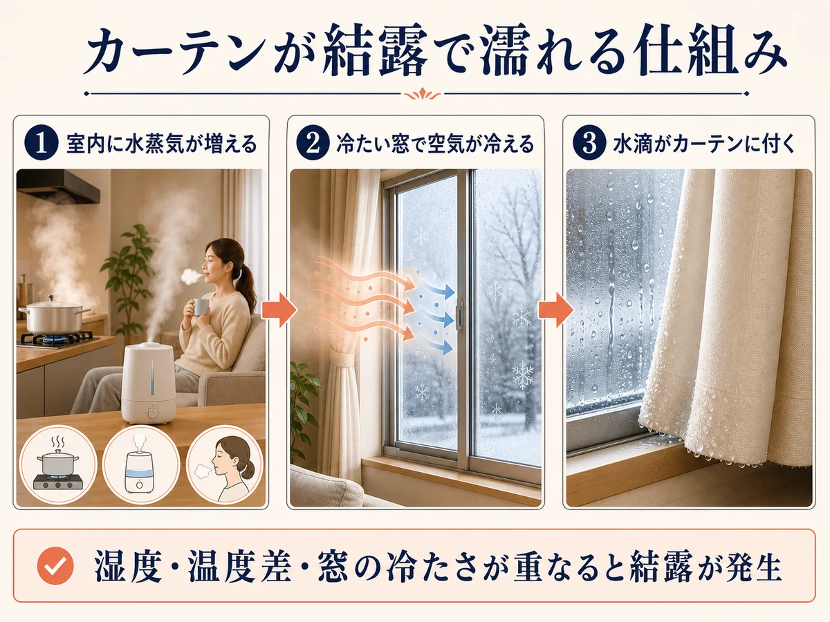 カーテンが結露で濡れる仕組みを3段階で示した図解