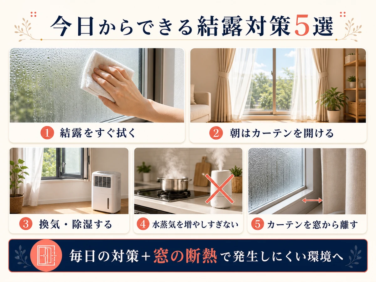 今日からできるカーテンの結露対策5選の図解