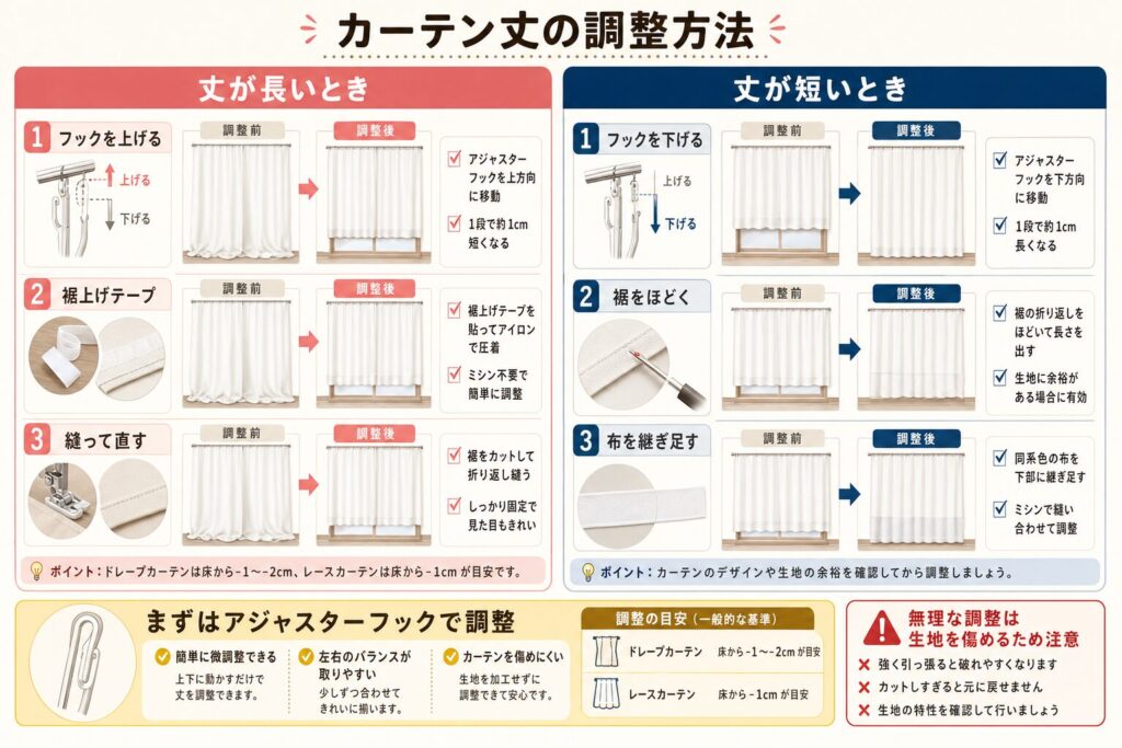 カーテン丈が長い場合と短い場合の調整方法を比較した図解