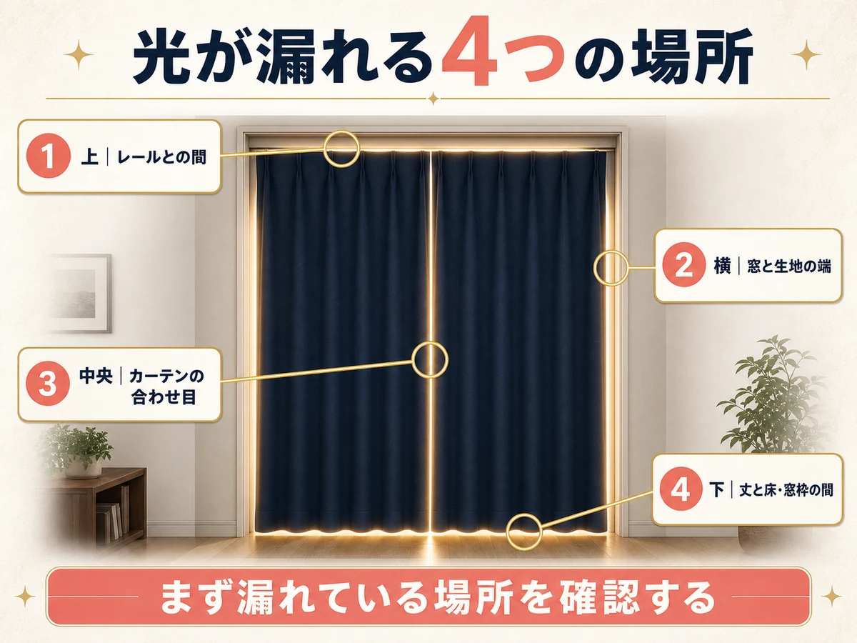 カーテンから光が漏れる上・横・中央・下の4つの場所を示した図解