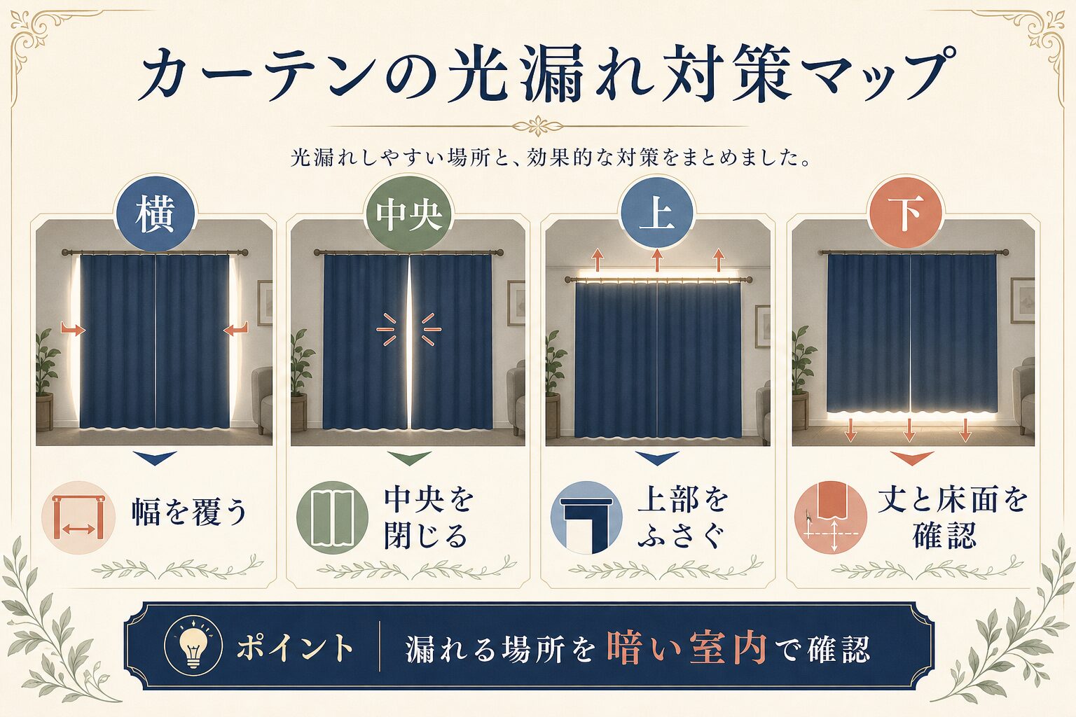 カーテンの光漏れ対策を横・中央・上・下に分けた図解