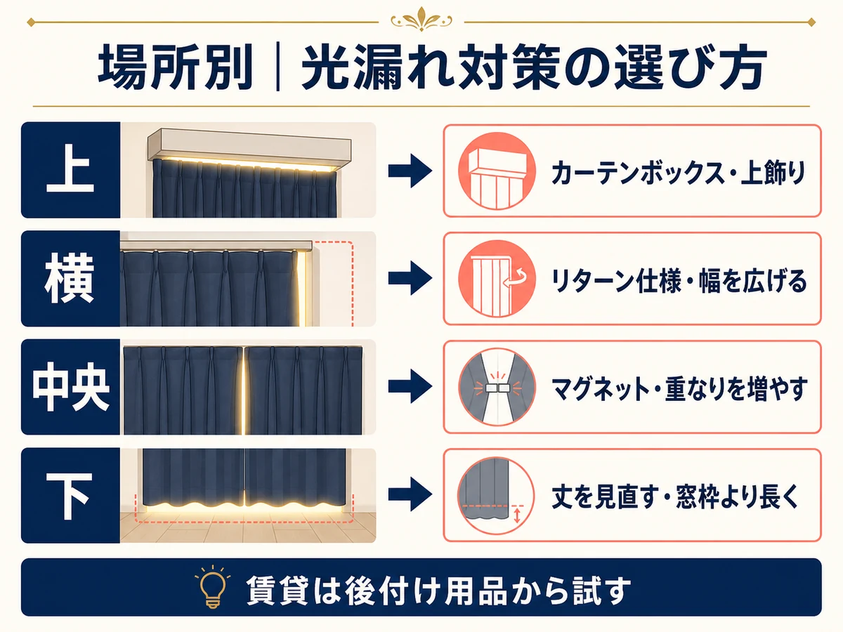 上・横・中央・下の場所別にカーテンの光漏れ対策を選ぶ図解