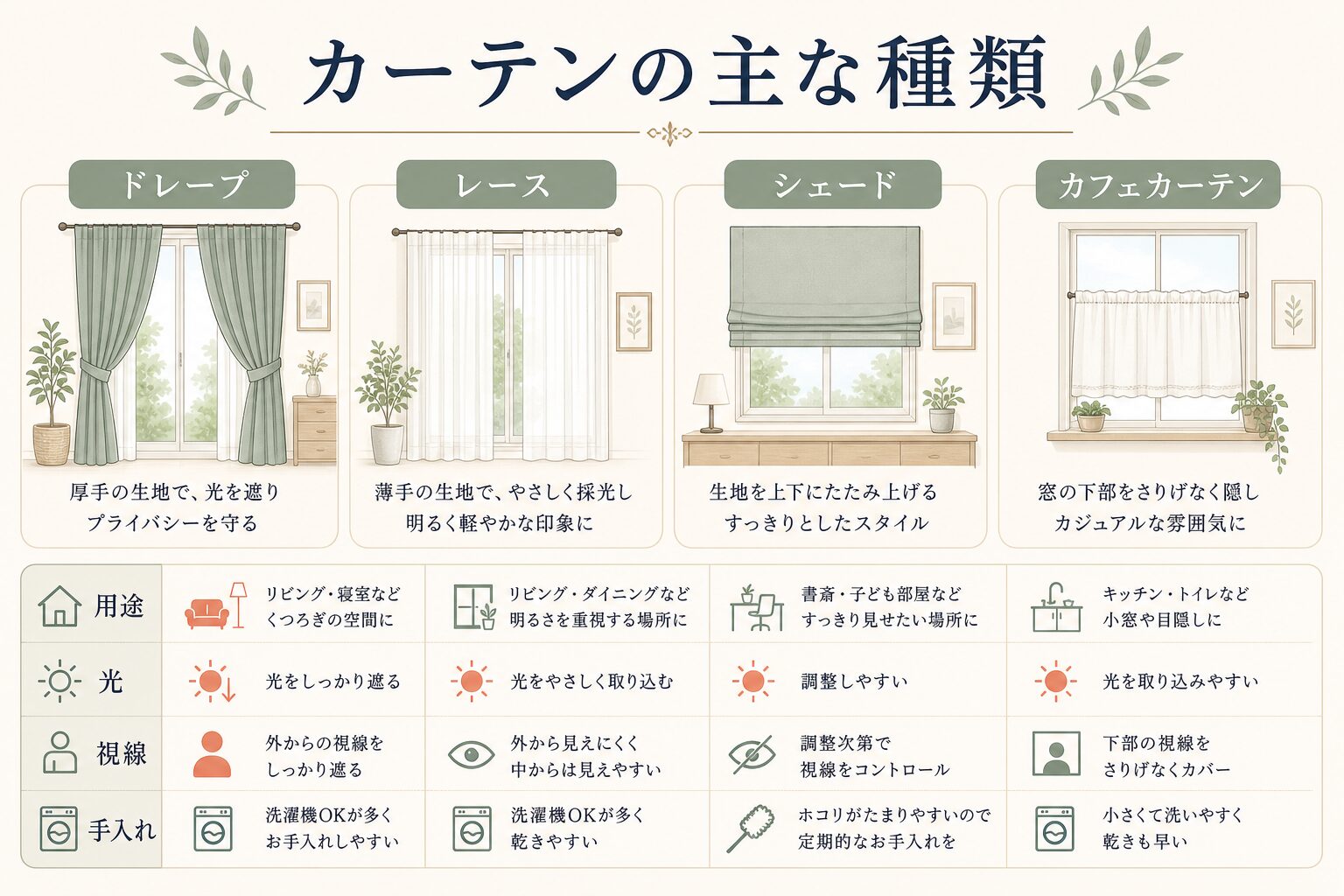 ドレープ・レース・シェード・カフェカーテンの種類を示す図解