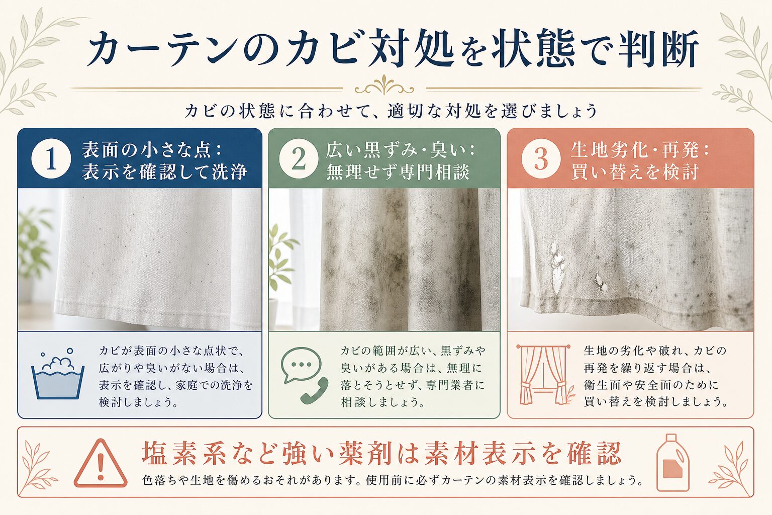 カーテンのカビ対処を状態別に判断する図解