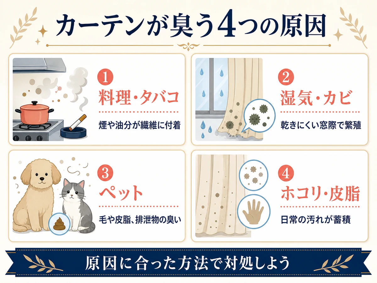 カーテンが臭う4つの原因を示した図解