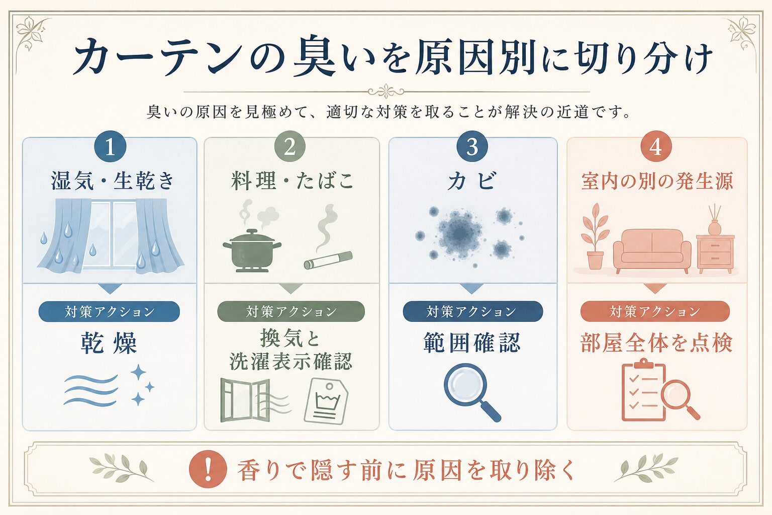 カーテンの臭いを原因別に切り分ける図解