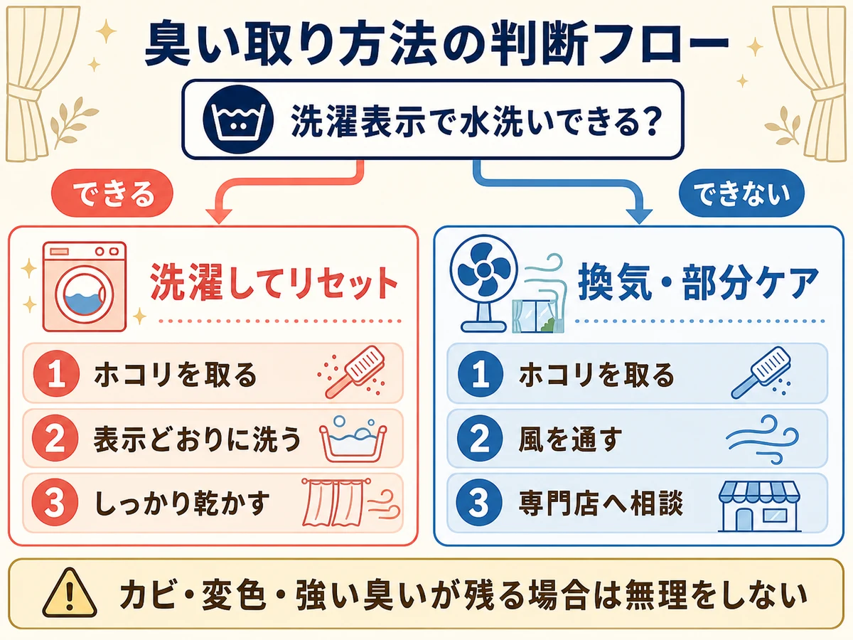 洗濯表示からカーテンの臭い取り方法を選ぶ判断フロー