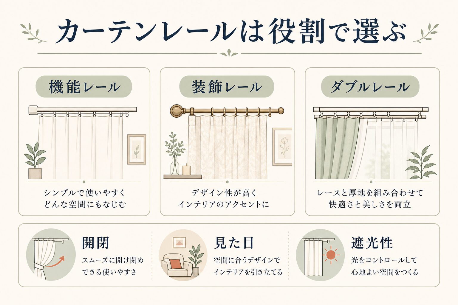 機能レール・装飾レール・ダブルレールの違いを示す図解