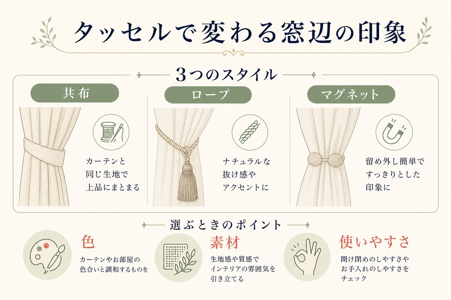 共布・ロープ・マグネット式カーテンタッセルの比較図