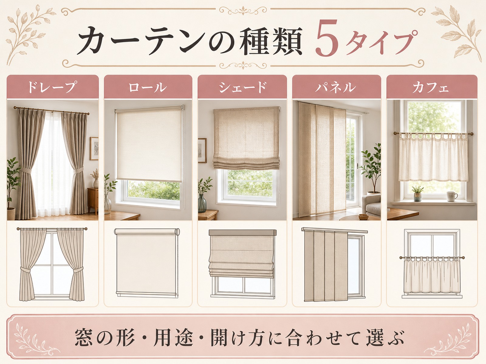 カーテンの主要な5タイプを比較した図解