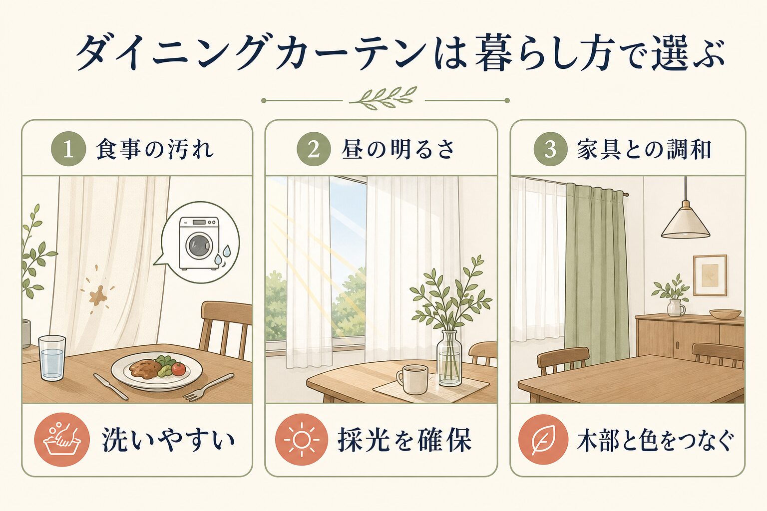 ダイニングカーテンを汚れ・採光・家具との調和で選ぶ図解