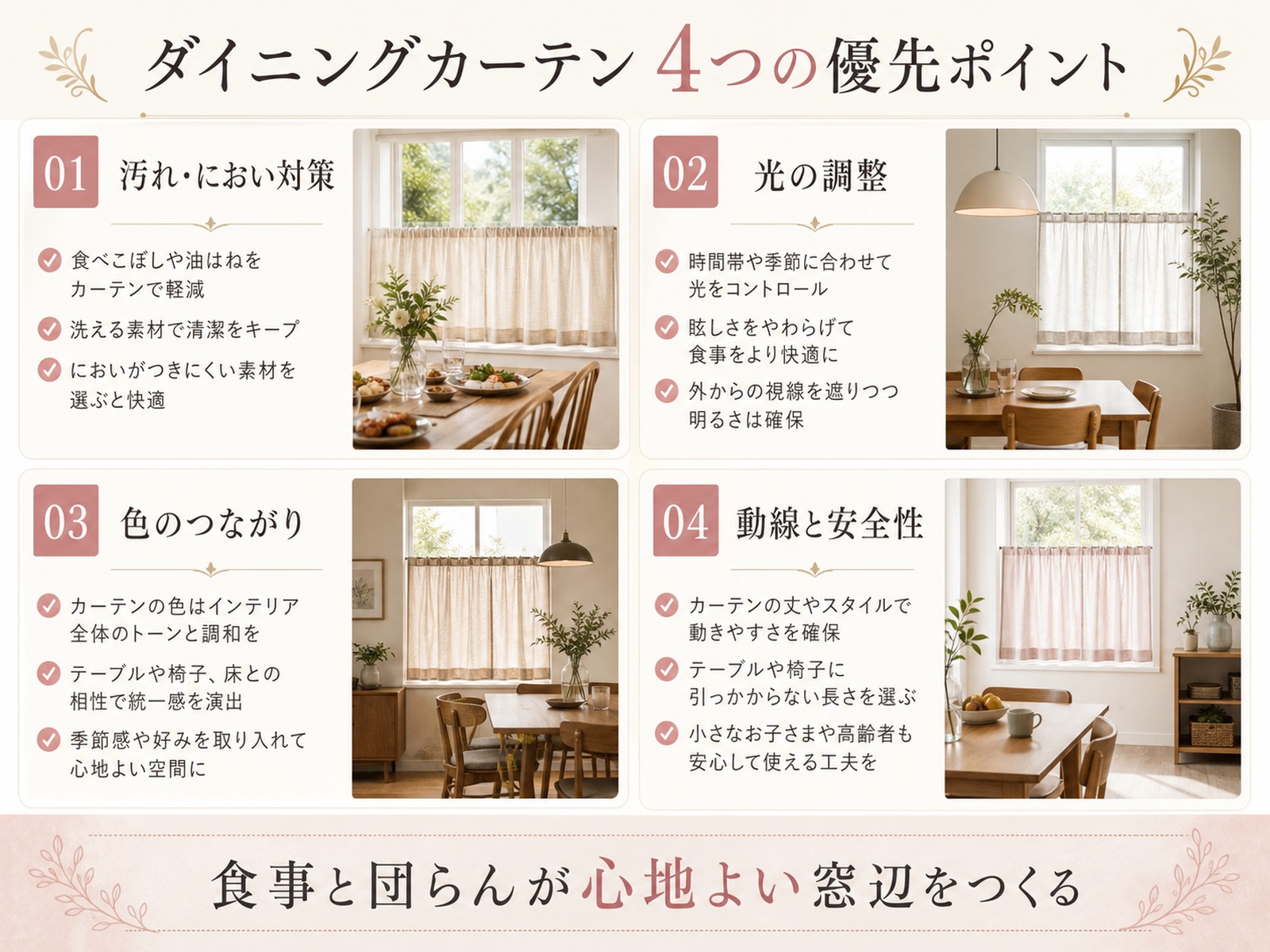 ダイニングカーテン選びの4つの優先ポイントを示した図解