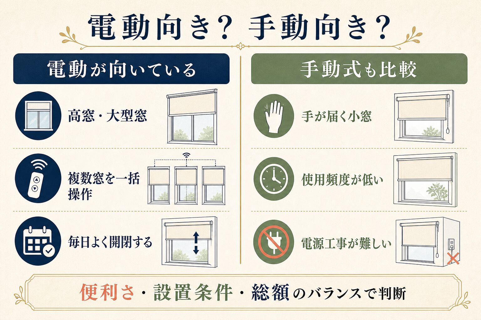 電動ロールスクリーンと手動式が向いている窓を比較する図解
