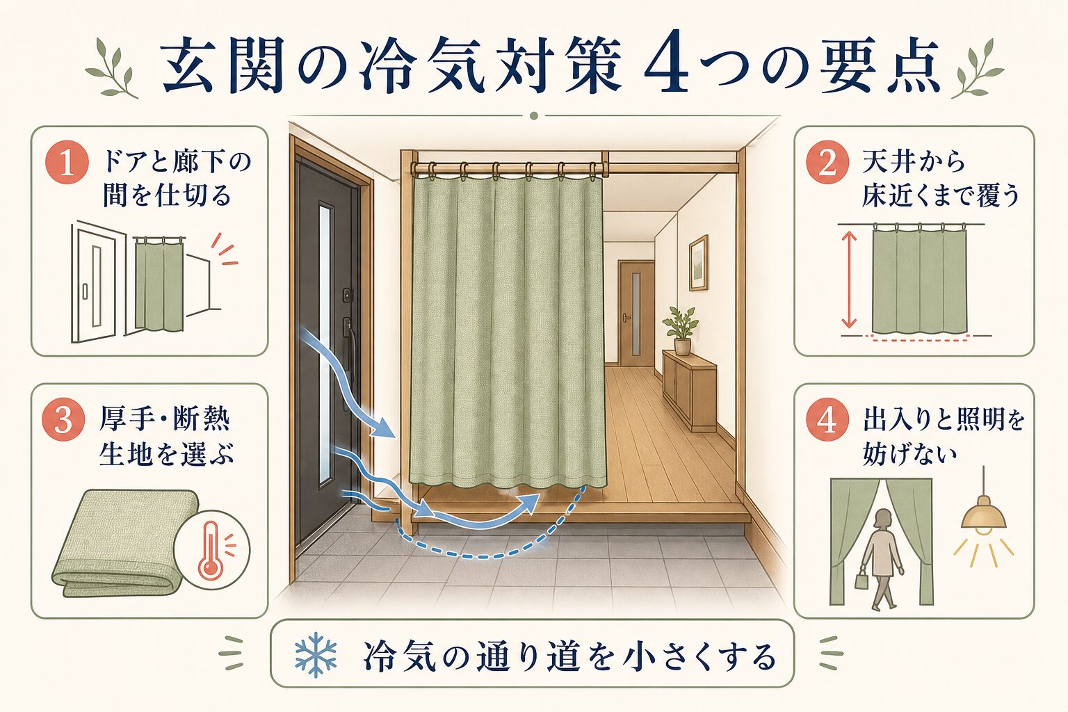玄関の冷気を防ぐ間仕切りカーテンの4つの要点を示す図解