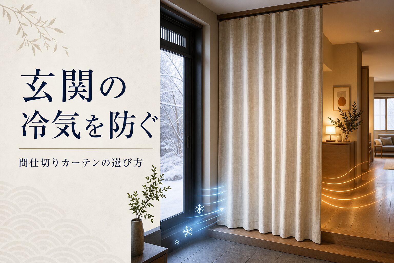 玄関から入る冷気を間仕切りカーテンで遮る住まいのイメージ