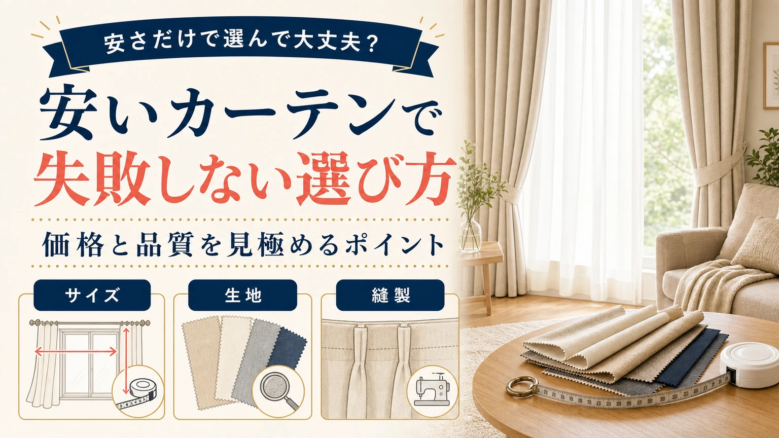 安いカーテンで失敗しない選び方を紹介するアイキャッチ画像