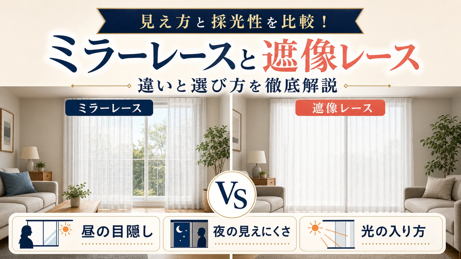 ミラーレースと遮像レースを比較する明るいリビングの窓辺