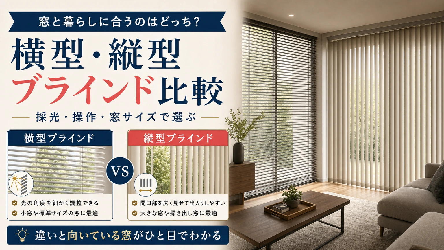 横型と縦型ブラインドの違いと向いている窓の比較