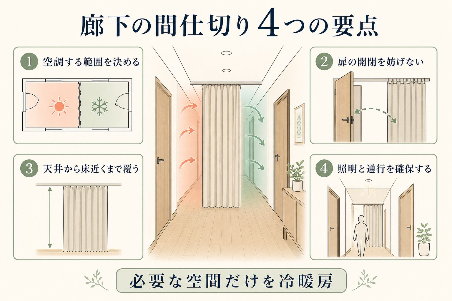 廊下に間仕切りカーテンを設置する4つの要点を示す図解