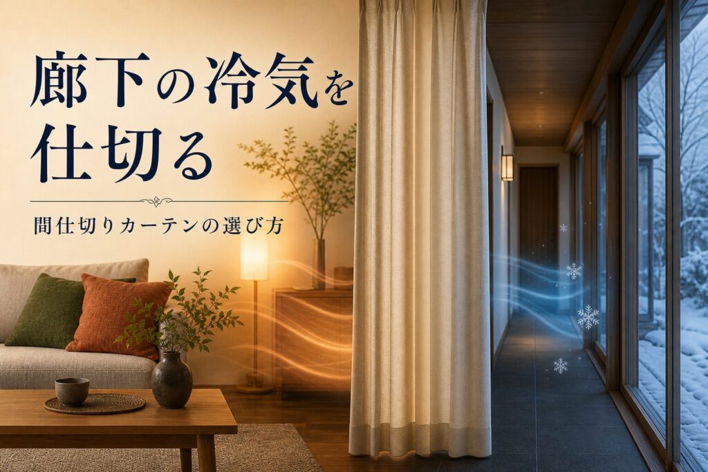 廊下から流れる冷気を間仕切りカーテンで遮るリビングのイメージ