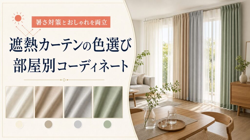 遮熱カーテンの色選びと部屋別コーディネートを解説するアイキャッチ画像