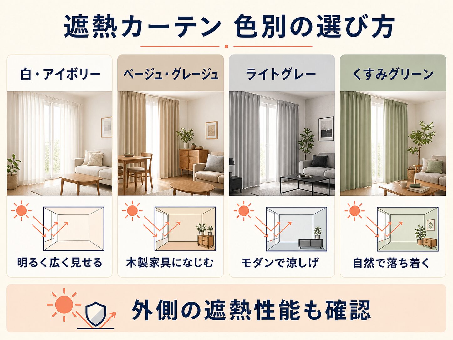 遮熱カーテンの色別の印象と部屋への合わせ方を示した図解