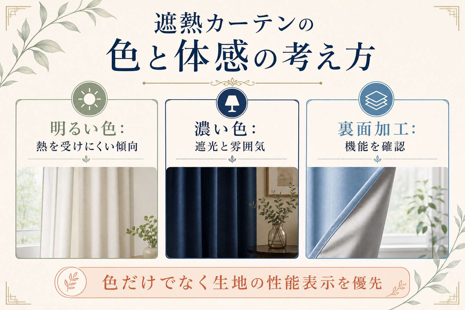 遮熱カーテンの色と生地性能の考え方を示した図解